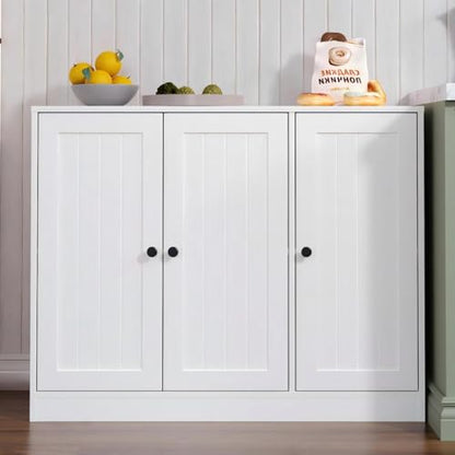 Buffet Cabinet with 3 Door, Kitchen Storage Sideboard with Adjustable Shelf, Rustic Buffet Sideboard Cabinet, Coffee Bar Accent Cabinets for Living Room, Entryway, White
