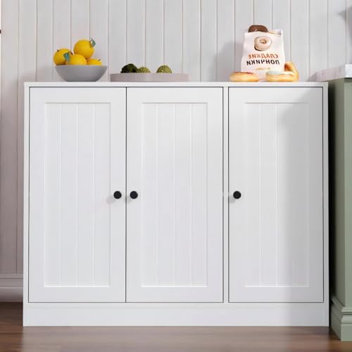 Buffet Cabinet with 3 Door, Kitchen Storage Sideboard with Adjustable Shelf, Rustic Buffet Sideboard Cabinet, Coffee Bar Accent Cabinets for Living Room, Entryway, White