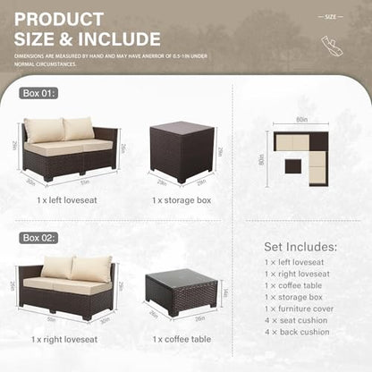 Wicker Patio Furniture Set 4 Pieces Outdoor Sectional Conversation Sofa Set with Storage Box and Glass Table with Cushions and Furniture Covers, Khaki