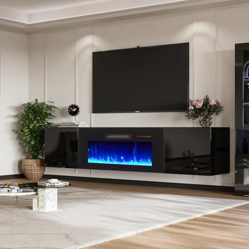 80" Floating TV Stand with 40" Electric Fireplace & LED Lights, view 2