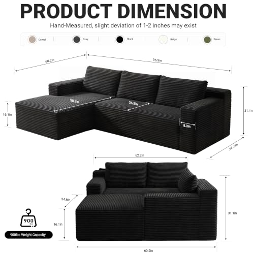 97" Cloud Couch Sectional, L Shaped Boneless Couch Sectional Couches for Living Room, Modern Comfy Corduroy Fluffy Modular Sofa with Deep Seat, No Assembly (Black, Left Facing Chaise)