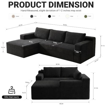 97" Cloud Couch Sectional, L Shaped Boneless Couch Sectional Couches for Living Room, Modern Comfy Corduroy Fluffy Modular Sofa with Deep Seat, No Assembly (Black, Left Facing Chaise)