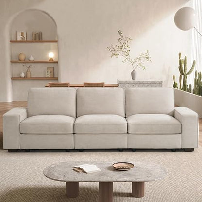 100" Modular Sofa with Seats Storage, Comfy 3-Seater Chenille Fabric Couch for Living Room, Office, Apart W/Deep Seat, Wide Arms, Side Pockets, USB, Removable Covers, Upholstered Couch/Beige