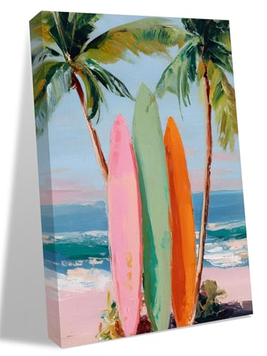 NuYeBiofx Watercolor Tropical Beach Scene Canvas Wall Art Prints,40"x28" Framed Picture Artwork Summer Coconut Tree Surfboard Printed Canvas Oil Painting for Living Room Bedroom Office,Ready to Hang
