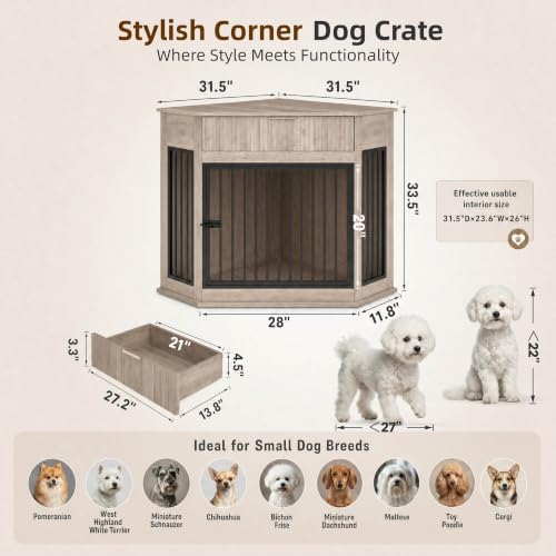 44.6'' Corner Dog Crate Furniture for Small Medium Dog,Grey Oak, view 3