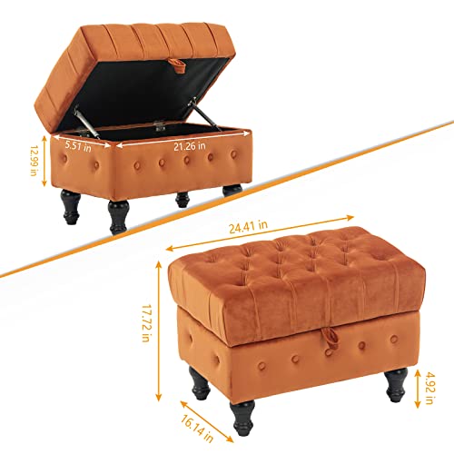Rectangular Storage Coffee Table Ottoman,Button Tufted Velet Upholstery Footstool Bedroom Ottoman for Living Room, Home Office, Space-Saving Storage Toy Box Stool, Caramel