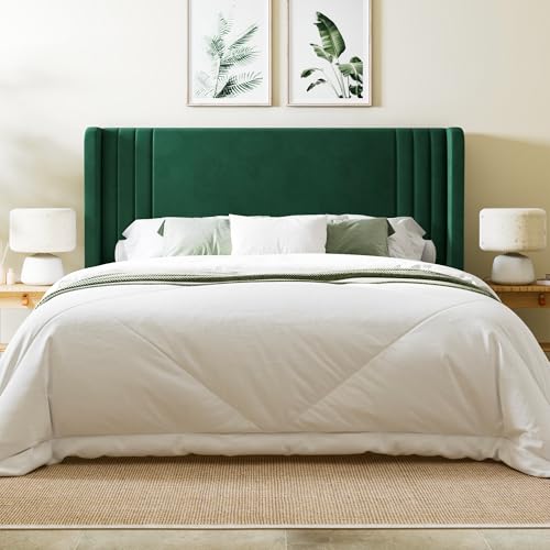 Queen Size Velvet Platform Bed Frame, Tall Wingback Headboard, Green, view 4