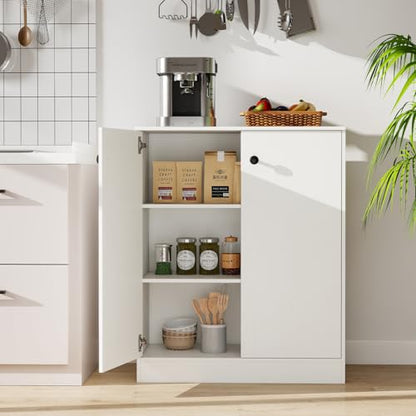 2-Door Storage Cabinet, Modern Floor Cabinet with 3-Tier Shelf, Freestanding Side Cabinet with Anti-Toppling Device, Storage Organizer for Living Room, Kitchen, Dining Room, Entryway (White)