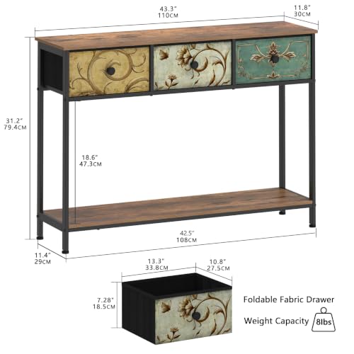 Entryway Console Table with 3 Retro Flowers Fabric Drawers Boho Narrow Long Behind Couch Sofa Table with Bottom Open Storage Shelf for Hallway Living Room Foyer (Retro Flower, 3 Drawers)