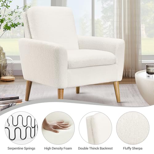 Sherpa Accent Chair, Modern White Teddy Fabric Upholstered Comfortable Armchair, Comfy Reading Leisure Chairs for Bedroom, Living Room, Home Office, Small Sofa Chair with Wood Legs