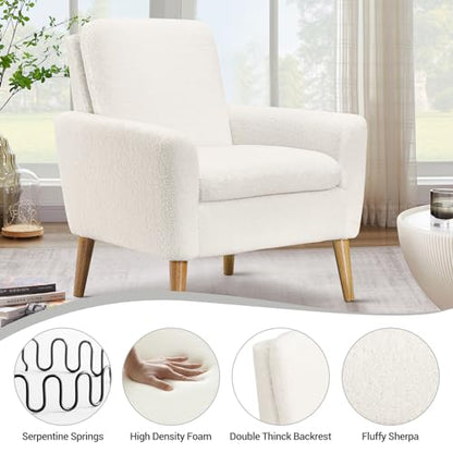 Sherpa Accent Chair, Modern White Teddy Fabric Upholstered Comfortable Armchair, Comfy Reading Leisure Chairs for Bedroom, Living Room, Home Office, Small Sofa Chair with Wood Legs