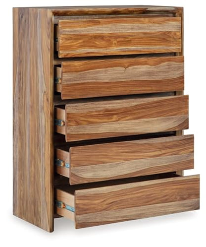 Signature Design by Ashley Dressonni Farmhouse 5-Drawer Chest of Drawers with Beveled Edge and Felt Lining, Light Brown