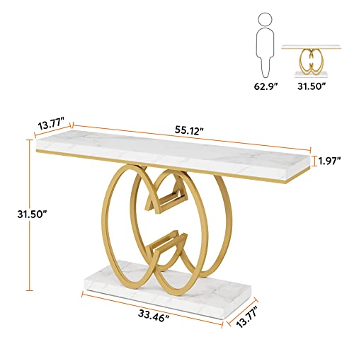 Tribesigns 55 Inch Console Table for Hallway, Faux Marble Gold Entryway Table with Geometric Metal Base, Modern Narrow Sofa Accent Table for Entrance, Living Room, Foyer (White & Gold)