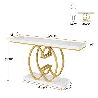 Tribesigns 55 Inch Console Table for Hallway, Faux Marble Gold Entryway Table with Geometric Metal Base, Modern Narrow Sofa Accent Table for Entrance, Living Room, Foyer (White & Gold)