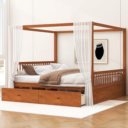 JIJIWANG King Canopy Bed with Storage Drawers & Four Poster Frame, Walnut, view 2