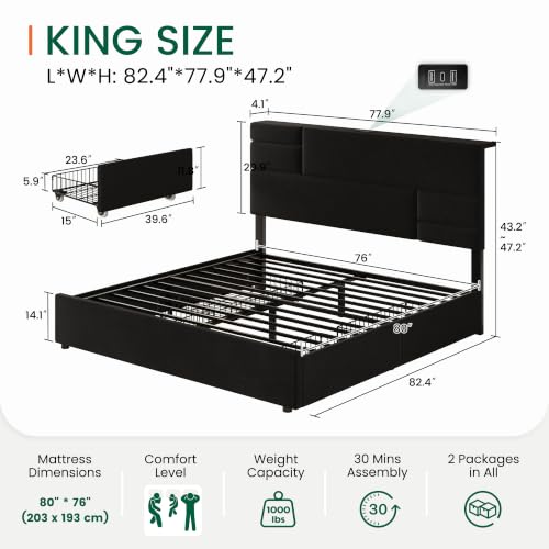 King Size Storage Bed Frame Velvet Upholstered Platform Bed, Black, view 3