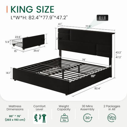 King Size Storage Bed Frame Velvet Upholstered Platform Bed, Black, view 3
