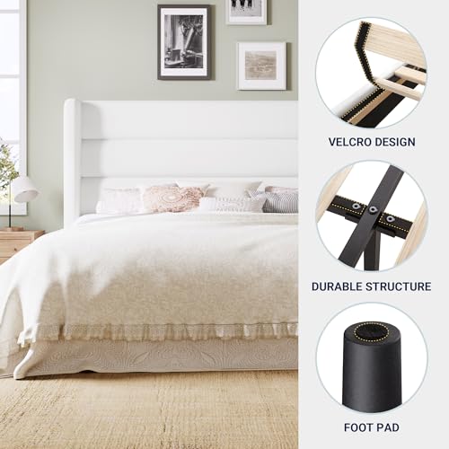 Queen Wood Bed Frame with Velvet Headboard, Storage, Strong Slats, White, view 6