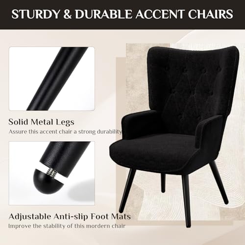 Accent Chair, Comfy Upholstered Teddy Fabric Armchair with Metal Legs, High Backrest Living Room Chair, Wingback Chair Mid Century Modern for Living Room/Vanity/Bedroom (1, Black) (1)