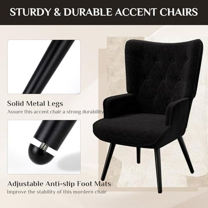 Accent Chair, Comfy Upholstered Teddy Fabric Armchair with Metal Legs, High Backrest Living Room Chair, Wingback Chair Mid Century Modern for Living Room/Vanity/Bedroom (1, Black) (1)