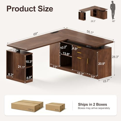 L Shaped Electric Standing Desk - Fluted 69" Executive Desk, view 3