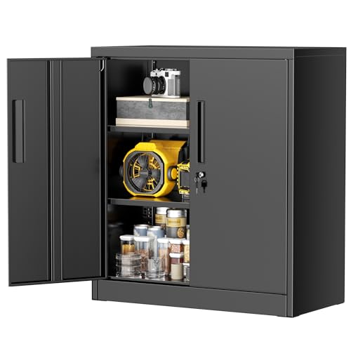 36" H x 32" W x 16" D Black Metal Storage Cabinet with 2 Locking Doors and 2 Adjustable Shelves, Ideal for Home Office, Garage