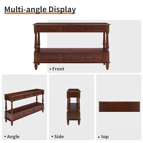 54'' Solid Wood Console Table, Farmhouse Entryway Table with 6 Drawers and Shelf, Narrow Long Sofa Table with Storage for Living Room Hallway, Couch, Foyer (Cherry)