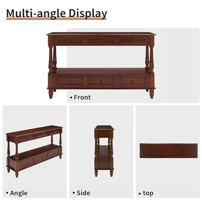 54'' Solid Wood Console Table, Farmhouse Entryway Table with 6 Drawers and Shelf, Narrow Long Sofa Table with Storage for Living Room Hallway, Couch, Foyer (Cherry)