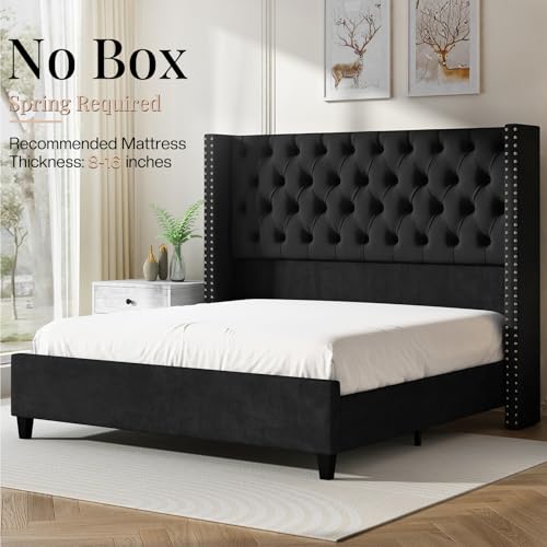 Queen Size Bed Frame with 51.6" Velvet Wingback Headboard, Black, view 7