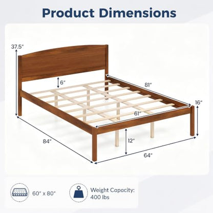 Queen Size Bed Frame, Wooden Platform Bed with Curved Headboard, view 3