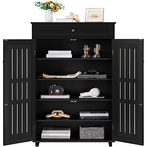 Yaheetech Storage Cabinet Floor Storage Organizer Wooden Cabinet with Drawer 2 Doors for Entryway Living Room Furniture Black