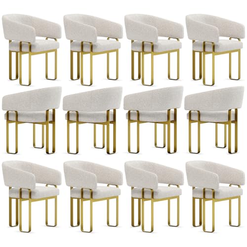 Boucle Dining Chairs Set of 12, Off White and Gold Dining Room Chairs with Arms for Kitchen, Luxury Side Chairs with U-Shaped Brushed Gold Metal Legs