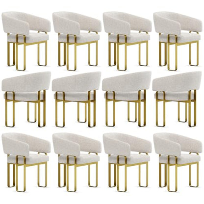 Boucle Dining Chairs Set of 12, Off White and Gold Dining Room Chairs with Arms for Kitchen, Luxury Side Chairs with U-Shaped Brushed Gold Metal Legs