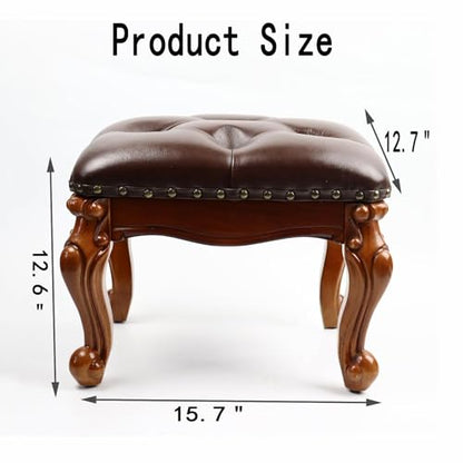 Leather Foot Stool Small,Vintage Ottoman Leather Foot Rest,Wooden Footrest,Upholstered Footstool for Couch/Living Room/Sofa,Cherry (12.6)