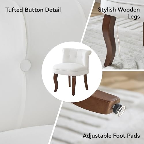 Velvet Vanity Chair with Back, Tufted Upholstered Vanity Stool with Solid Wood Legs, Mid Century Small Makeup Chair for Vanity, Accent Chair for Bedroom, Living Room, White
