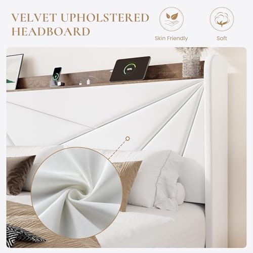 King Bed Frame, Storage Headboard with Drawers, Charging, White, view 6