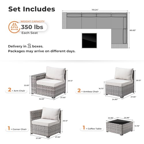 6 Pieces Patio Furniture Set, Outdoor Wicker Sectional Sofa with Coffee Table Comfy Cushions, Modern Modular Deep Seat Couch Rattan Conversation Set, Beige