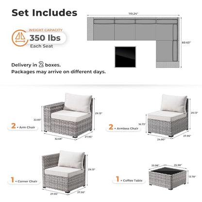 6 Pieces Patio Furniture Set, Outdoor Wicker Sectional Sofa with Coffee Table Comfy Cushions, Modern Modular Deep Seat Couch Rattan Conversation Set, Beige