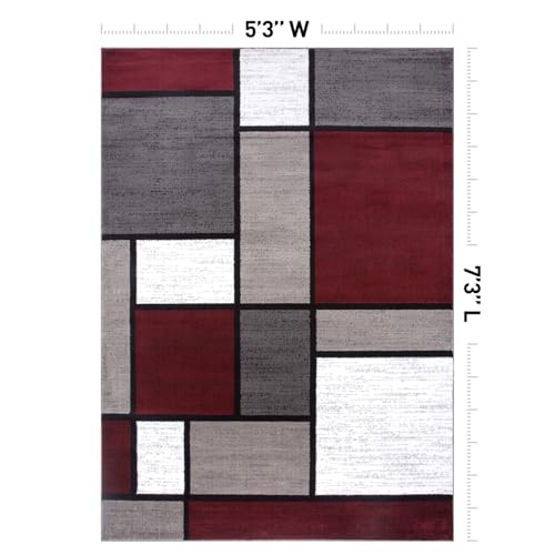 Modern Geometric Boxes Red Area Rug, Non-Shedding Carpet for Living Room, Bedroom, or Dining Room, 5'3" x 7'3"