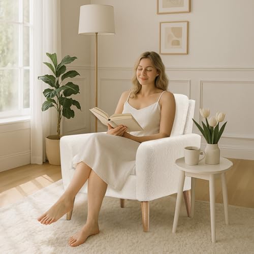 Sherpa Accent Chair, Modern White Teddy Fabric Upholstered Comfortable Armchair, Comfy Reading Leisure Chairs for Bedroom, Living Room, Home Office, Small Sofa Chair with Wood Legs