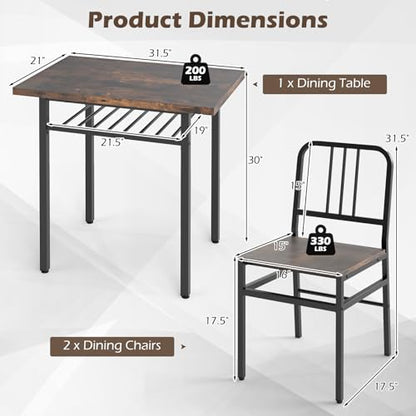 3-Piece Dining Table Set, Rectangular Kitchen Table with Storage Rack and 2 Dining Chairs, Heavy-Duty Metal Frame, Space-Saving Dinette Set for Breakfast Nook, Apartment (Brown + Black)