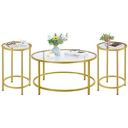 Yaheetech Coffee Table Set of 3, Round Coffee Table & 2pcs Accent End Table Easy Assembly w/Glass-Top Surface & Reinforced Frame for Living Room,Apartment,Small Space,Mustard Gold