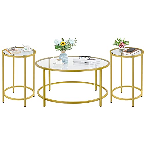 Yaheetech Coffee Table Set of 3, Round Coffee Table & 2pcs Accent End Table Easy Assembly w/Glass-Top Surface & Reinforced Frame for Living Room,Apartment,Small Space,Mustard Gold