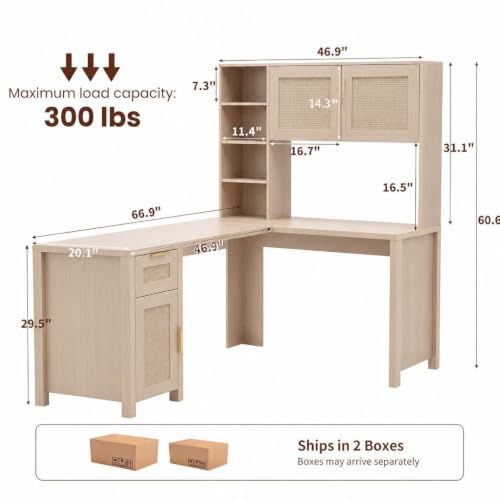 L Shaped Desk with Hutch, Corner Desk with Storage, Wood, view 3