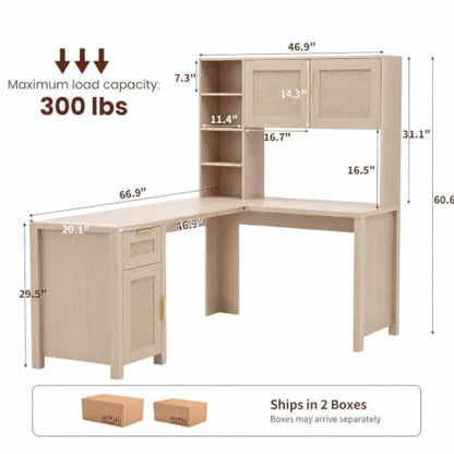 L Shaped Desk with Hutch, Corner Desk with Storage, Wood, view 3
