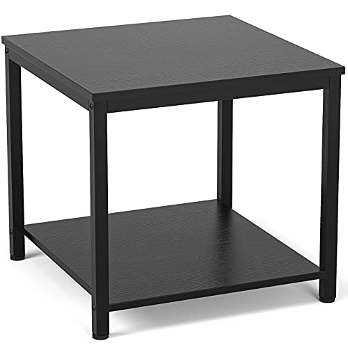Side Table 20 Inch Square, 2-Tier Coffee Tea End Table Nightstands for Sofa Couch Bed, Metal Wood Accent Modern Simple Industrial Style Side Table for Living Room Bedroom, Black