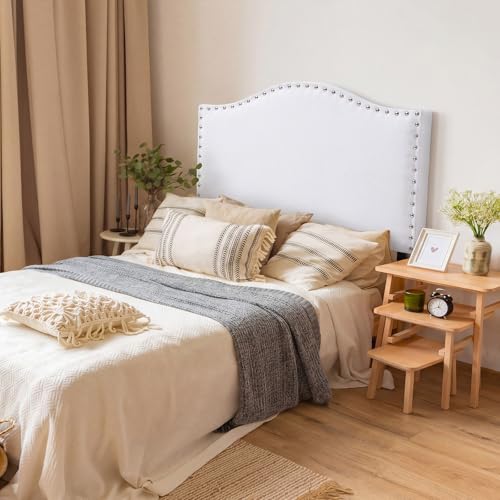 Colingmill 40" x 24" Fabric Upholstered Twin Headboard White with Nailtrim Bevel Tacked Headboard Bevel College Head Board Adjustable Height from 43" to 55" for Woman Man Bedroom Decor