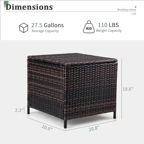 Outdoor Side Table with Storage, 27-Gallon Patio Deck Box Outdoor Wicker Side Table for Poolside Balcony Storage Table (Brown, Square)