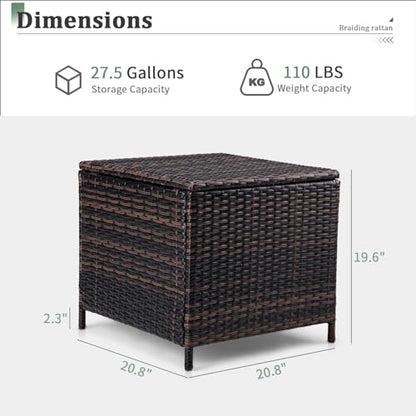 Outdoor Side Table with Storage, 27-Gallon Patio Deck Box Outdoor Wicker Side Table for Poolside Balcony Storage Table (Brown, Square)