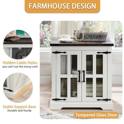 Farmhouse End Table with Charging Station,24" Large Sofa Side Table with Glass Barn Door, Rustic Wood Nightstand Bedside Table with Adjustable Storage Shelf for Living Room, Bedroom,White